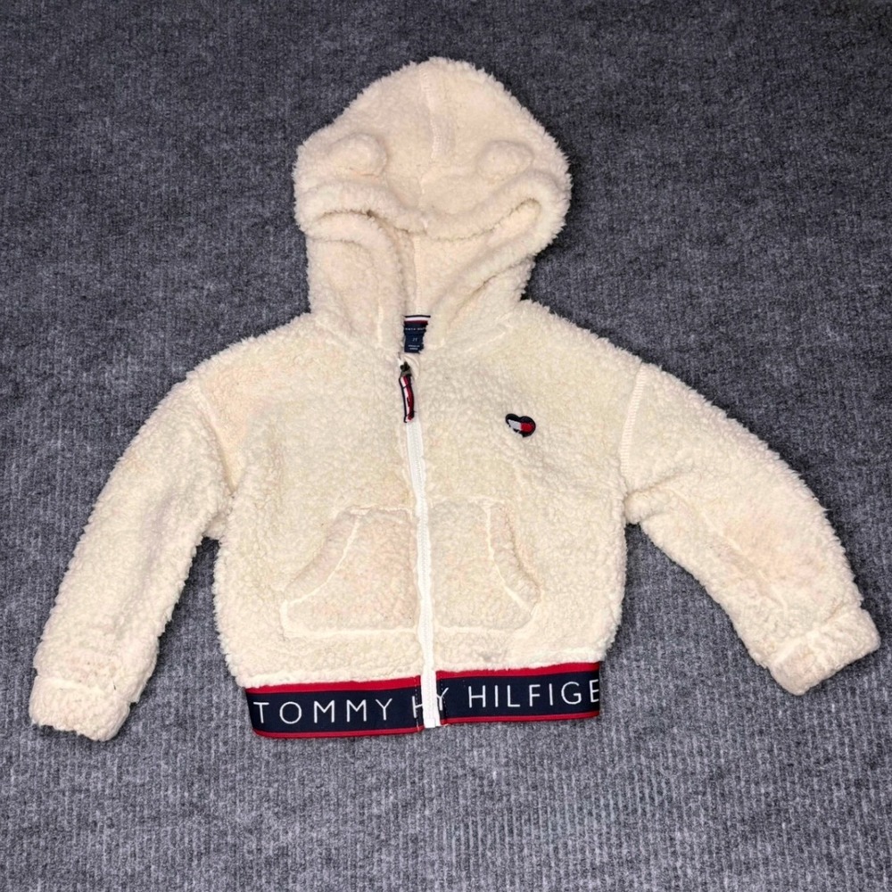 Tommy Hilfiger Toddler Girls Sherpa Fleece Zip Hoodie Bear Ears Cream 2T